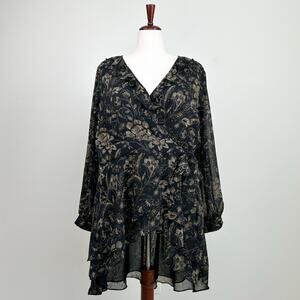 Torrid Black Gold Floral Whimsigoth Ruffle Chiffon Surplice Wrap Tie Top 2X